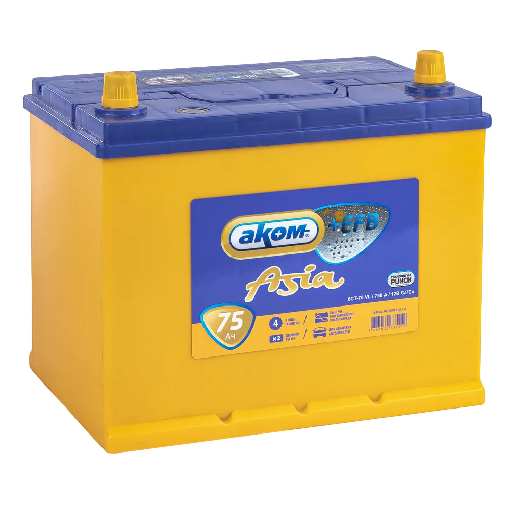 Аккумулятор АКОМ ASIA EFB 75 А/ч прямой L+ 260x173x225 D26 EN 750 А