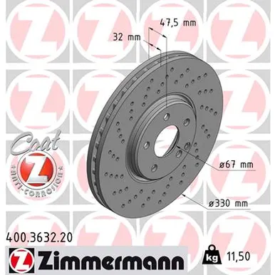Диск тормозной передний MB (W220) 02> ZIMMERMANN 400.3632.20