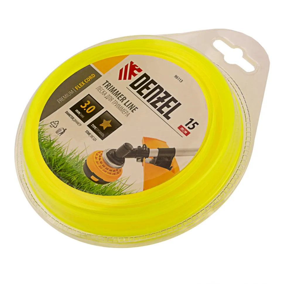 Леска для триммера, звезда 3 мм x15 м, блистер Flexcord Denzel 96113