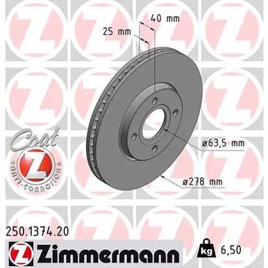 Диск тормозной передний 278X25MM FORD ECOSPORT 14 ZIMMERMANN 250.1374.20