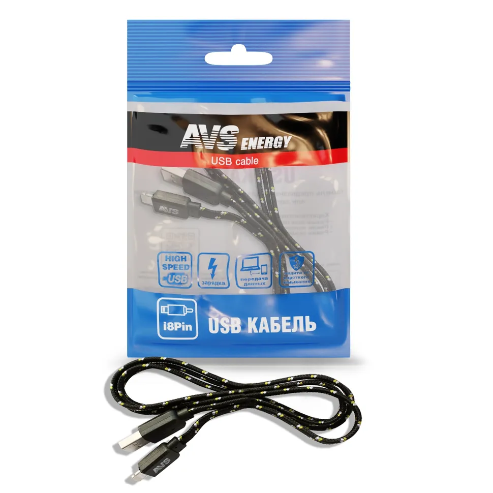 Кабель для iphone 5(1 м) IP-521 (плоский текстиль) AVS, , Max Вт AVS A78611S