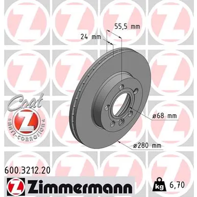 Диск тормозной передний вентилируемый VW T4 96-03 15RAD 280X24 цо 68 ZIMMERMANN 600.3212.20