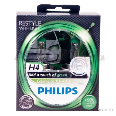 Лампа 12V H4 60/55W +60% PHILIPS Color Vision Green 2 шт. DUOBOX 12342 CVPG