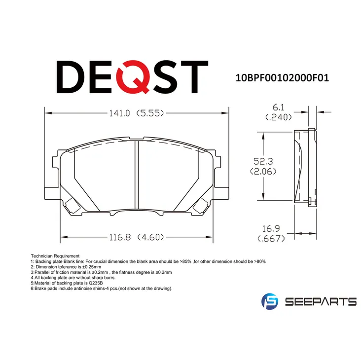 Колодки тормозные, передние LEXUS RX300/RX330/RX350 03>08/RX400H 05>09 DEQST 10BPF00102000