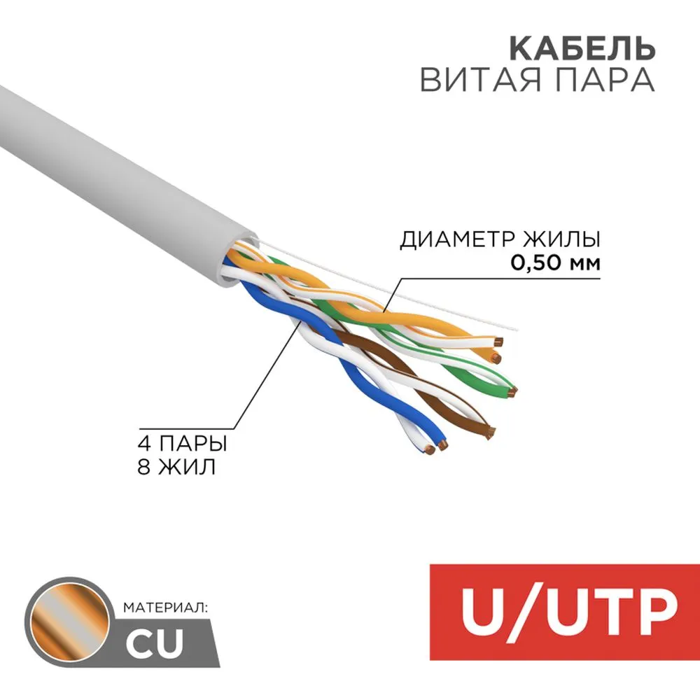 Кабель витая пара U/UTP, категория 5e, PVC, 4PR, 24AWG, внутренний, серый, 100 м REXANT 01-0043-100