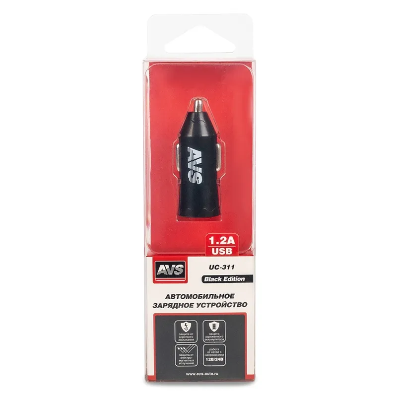 Зарядное устройство автомобильное USB AVS 1 порт UC-311 (1,2А, черный) (Black Edition) AVS A07280S