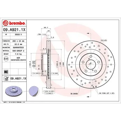 Диск тормозной передний вентилируемый с перфорацией SUBARU FORESTER 03-IMPREZA 94-LEGACY 03- BREMBO 09A9211X
