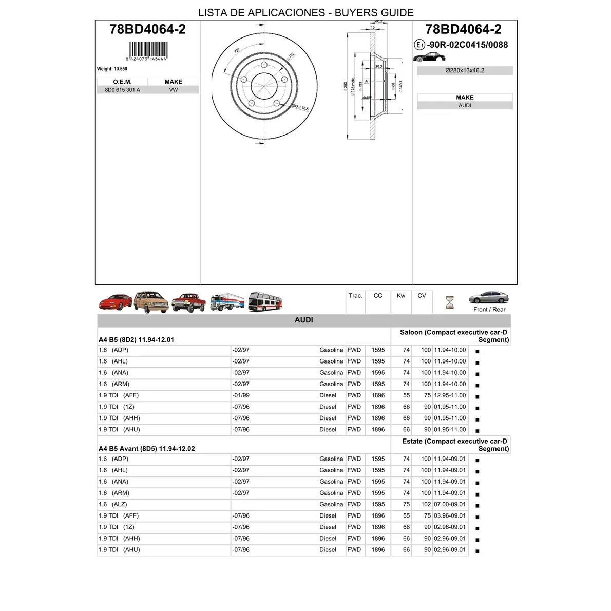 Диск тормозной передний AUDI A4(B5) 95-01 /D=280MM ICER 78BD4064-2
