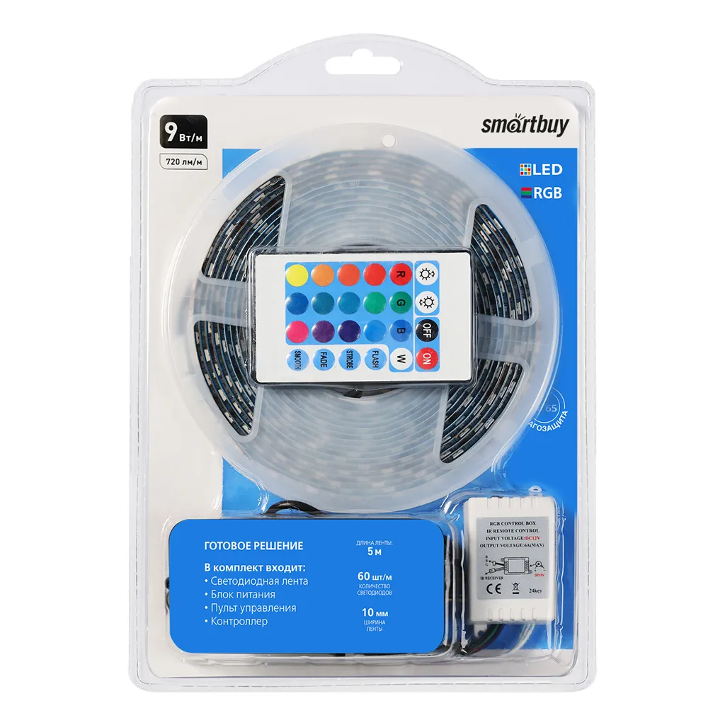 Комплект LED ленты SMD 5050/60 Smartbuy-IP65- 9W/RGB 5 м. SMARTBUY SBL-IP65-9-RGB-KIT