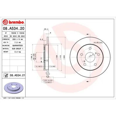 Диск тормозной TOYOTA AURIS 07-(пр-во ЯПОНИЯ) задний D259 мм. BREMBO 08.A534.20