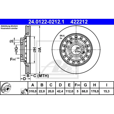 Диск тормозной задний AUDI A8 II 02-10/VW PHAETON 02-> /VENT.D=310MM ATE 24.0122-0212.1