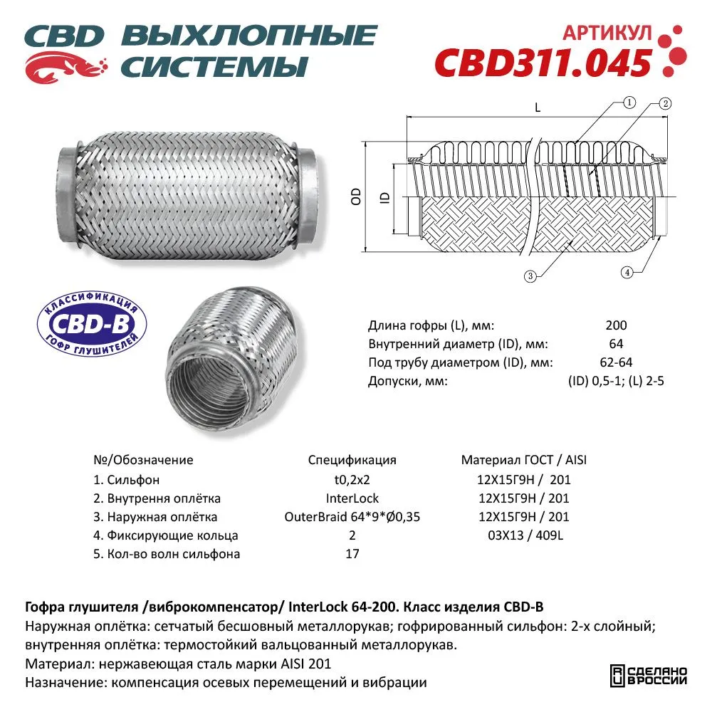 Гофра глушителя 3х-сл InterLock 64-200. CBD311.045