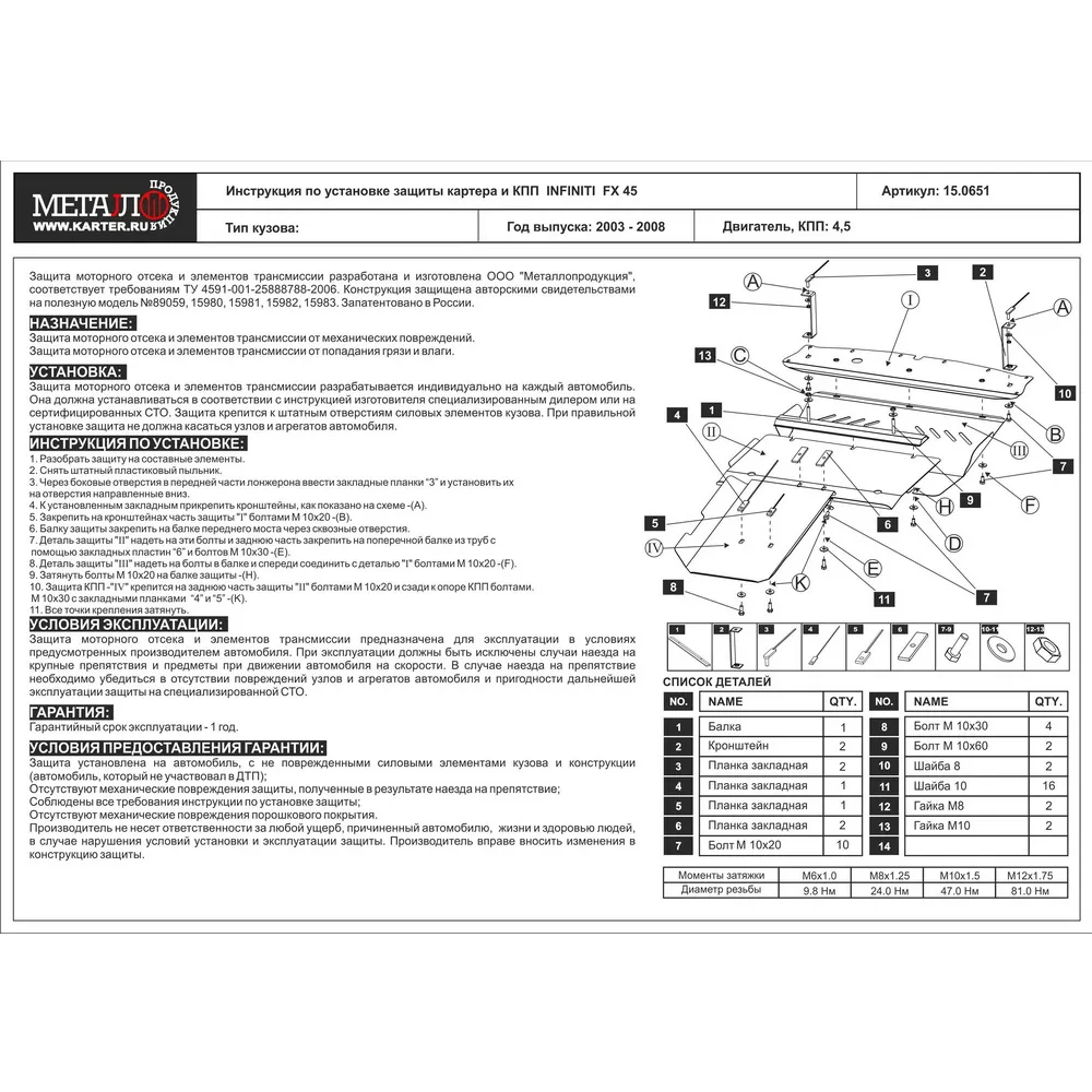 Защита картера двигателя ШЕРИФ 15.0651 / 150651 INFINITI FX45