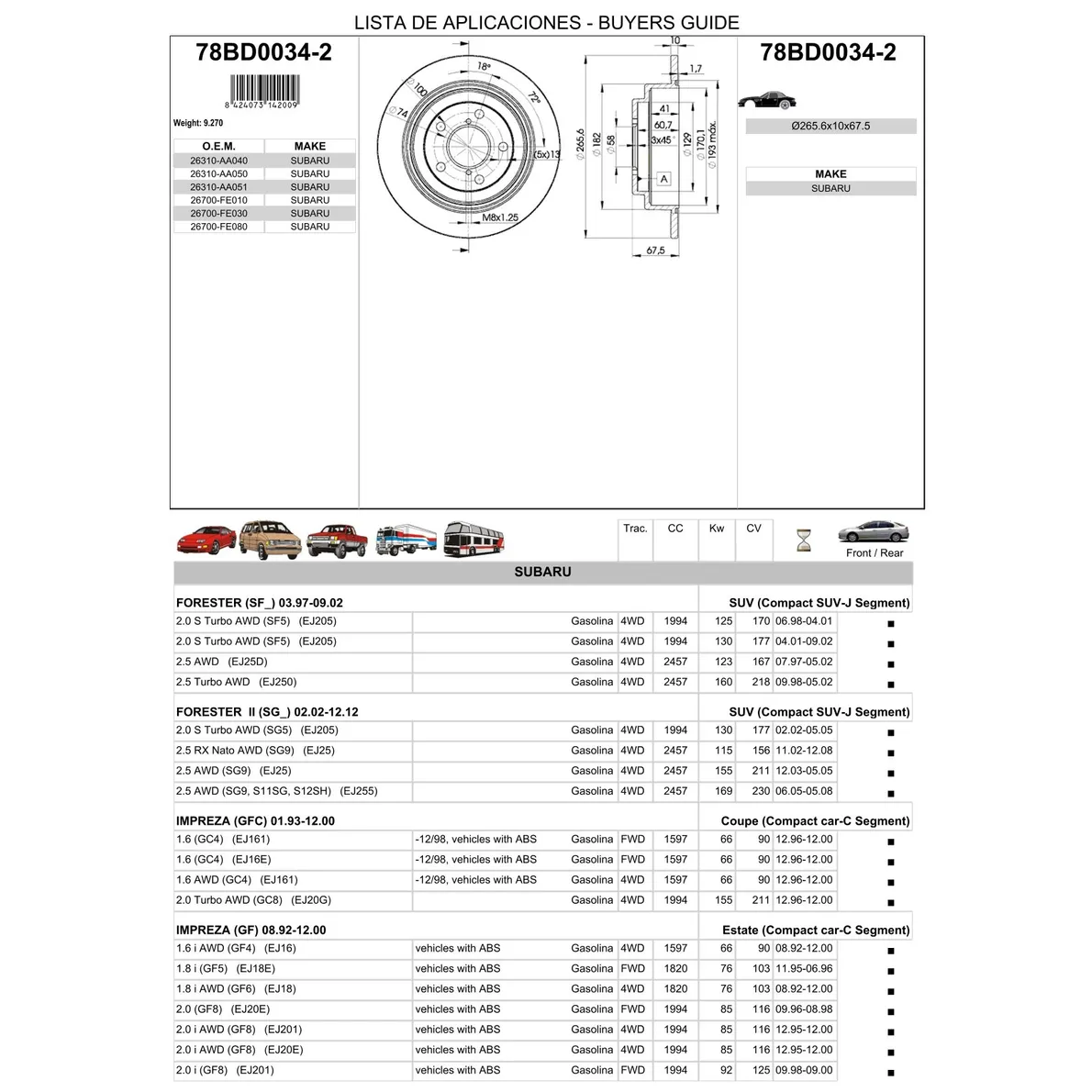 Диск тормозной задний SUBARU IMPREZA WRX ICER 78BD0034-2