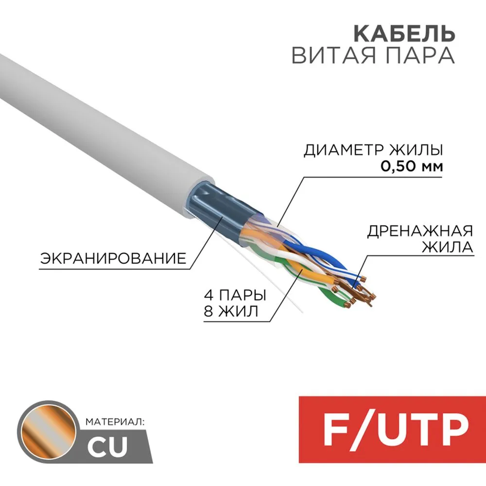 Кабель витая пара F/UTP, CAT5e, PVC, 4PR, 24AWG, внутренний, серый, бухта 305 м REXANT 01-0143