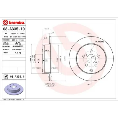 Диск тормозной задний TOYOTA AVENSIS T25_ 04/03-11/08 BREMBO 08A33511