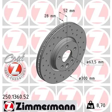 Диск тормозной вентилируемый, перфорированный ZIMMERMANN 250.1360.52