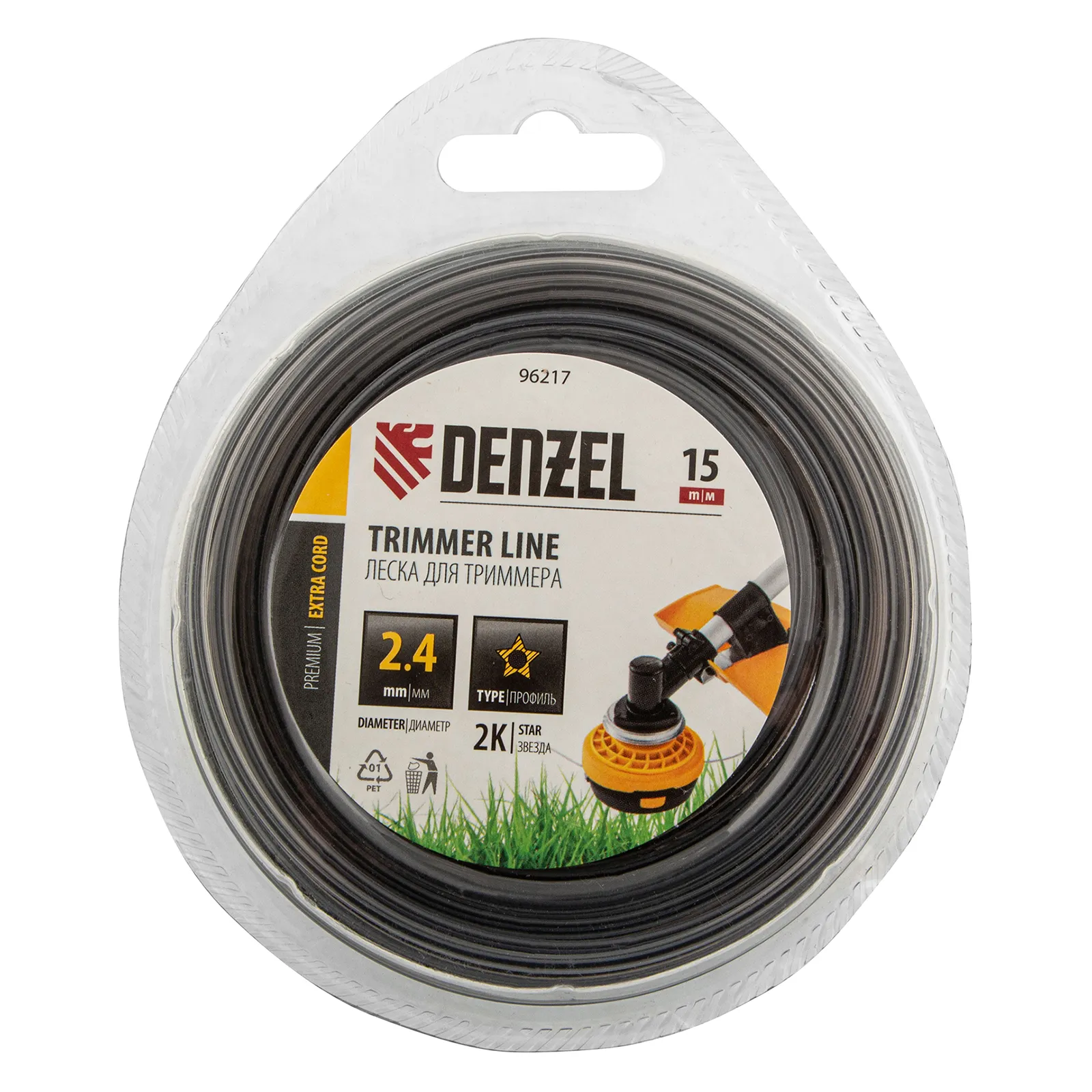 Леска для триммера двухкомпонентная звезда, 2,4мм х 15м, блистер EXTRA CORD Denzel Denzel 96217