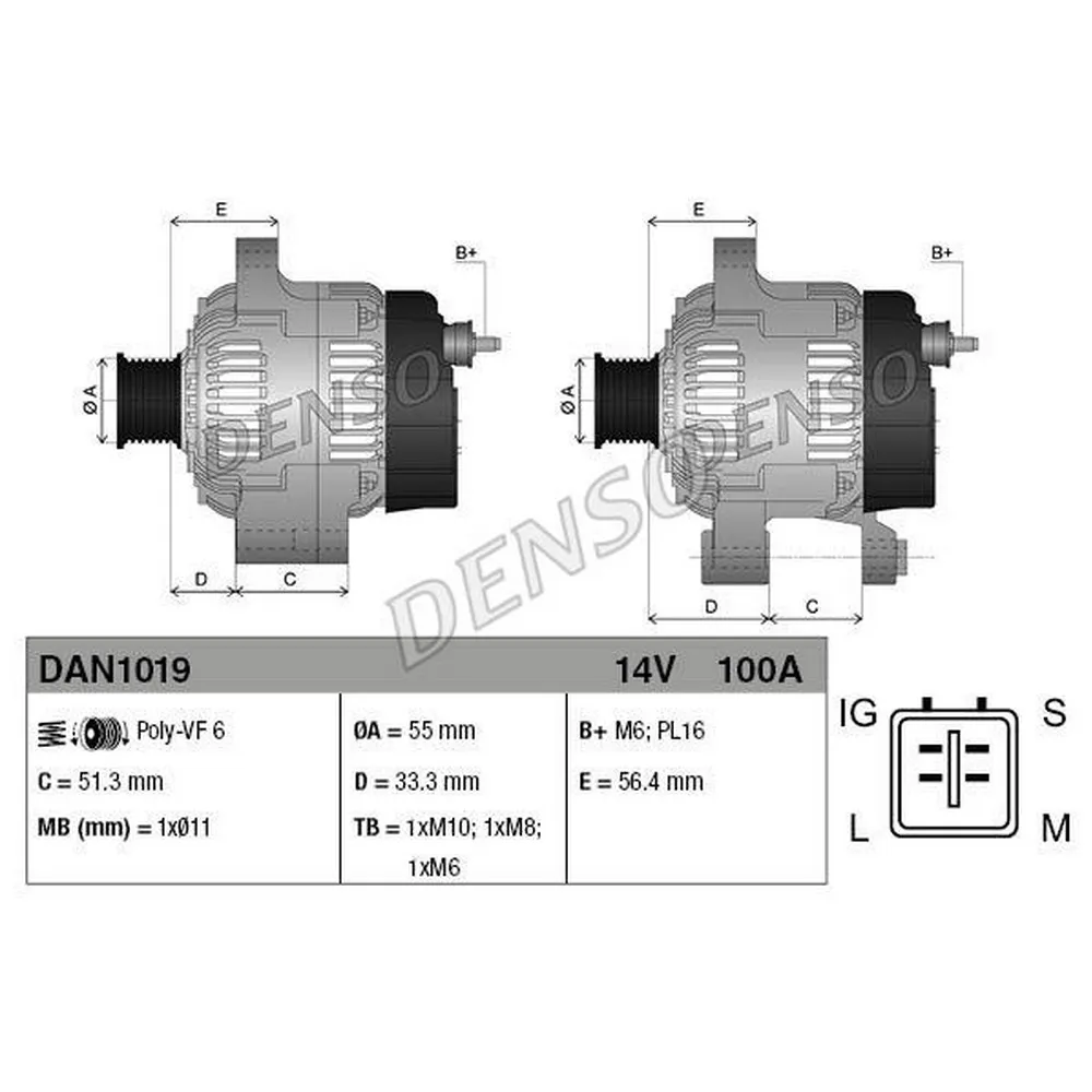 Генератор 14V 100A DENSO DAN1019