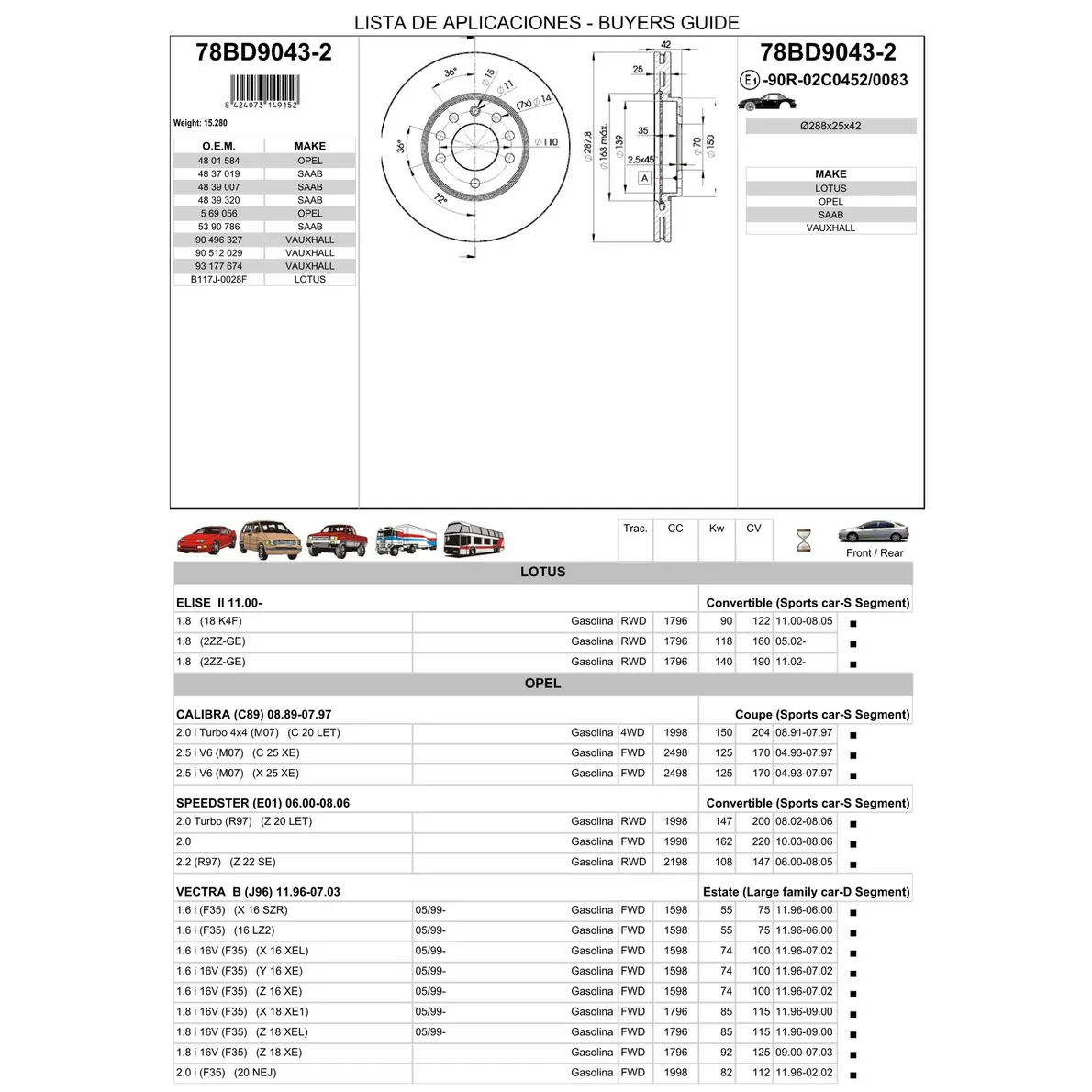Диск тормозной передний OPEL VECTRA B/SAAB 900 II/93/95 /VENT.D=288MM ICER 78BD9043-2