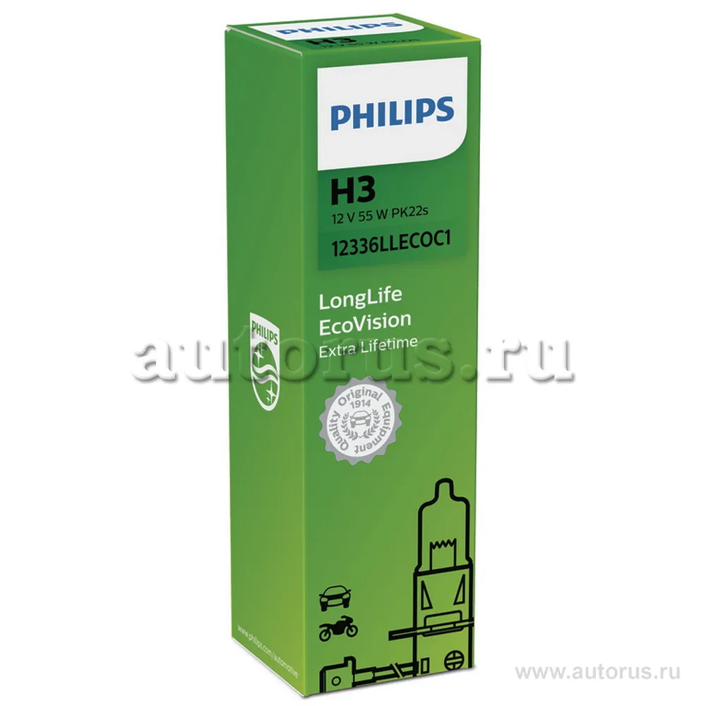 Лампа 12V H3 55W PHILIPS Longerlife Eco Vision 1 шт. картон 12336LLECOC1