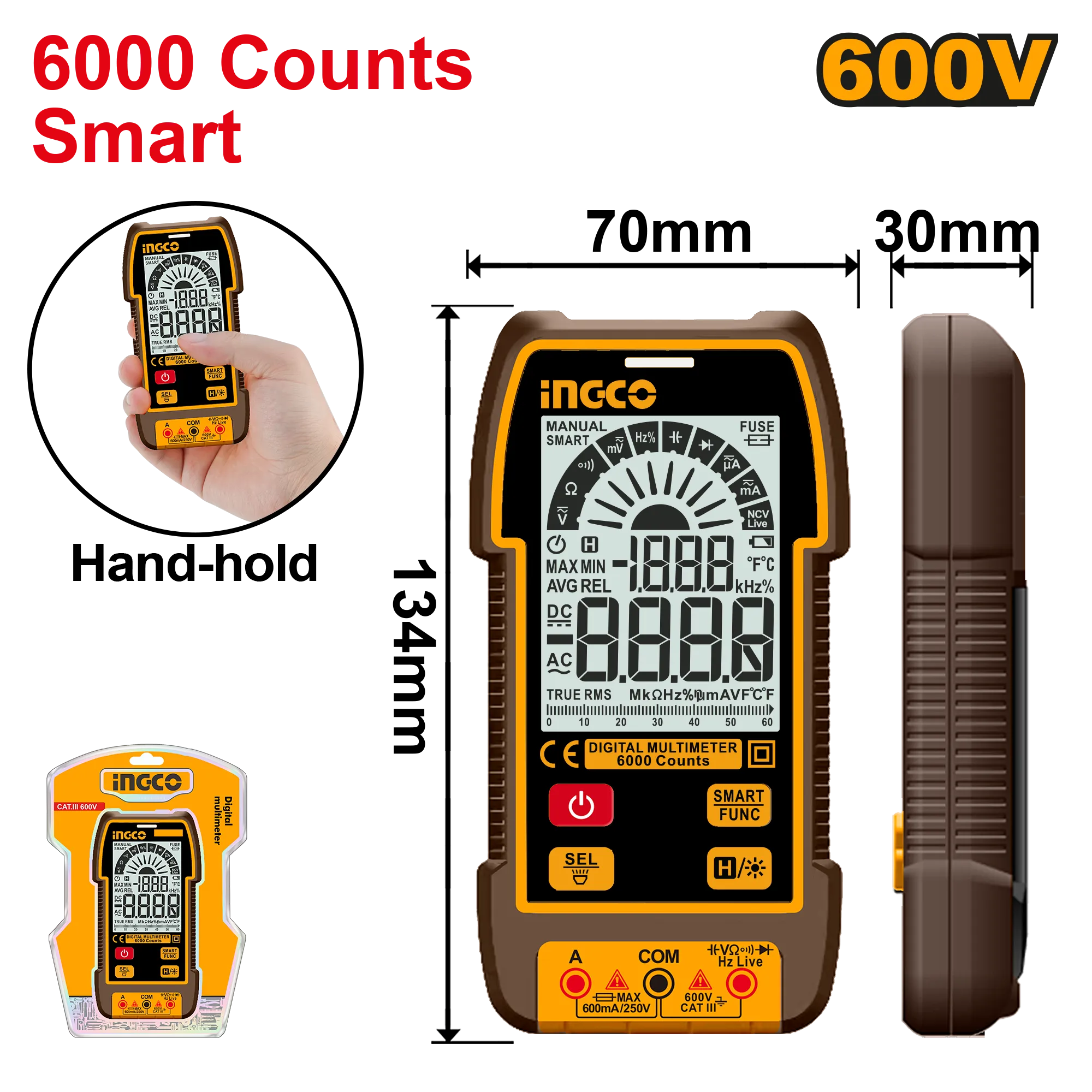 Мультиметр цифровой 600 В (20/40) INGCO DM16004