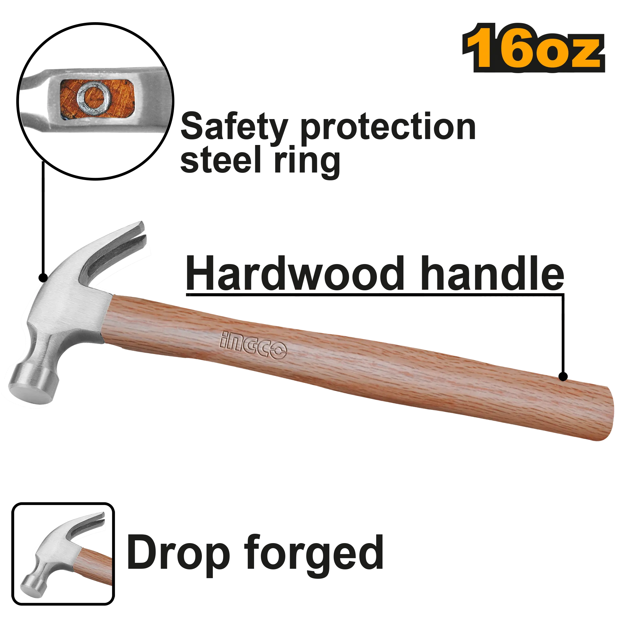 Молоток-гвоздодер 450 г (6/18) INGCO HCH0416