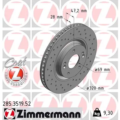 Диск тормозной передний перфорированный с покрытием SPORT COAT Z ZIMMERMANN 285.3519.52