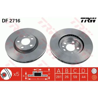 Диск тормозной передний PSA JUMPY/EXPERT + FIAT SCUDO 99-> /VENT D=281MM TRW DF2716