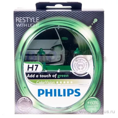 Лампа 12V H7 55W +60% PHILIPS Color Vision Green 2 шт. DUOBOX 12972CVPG