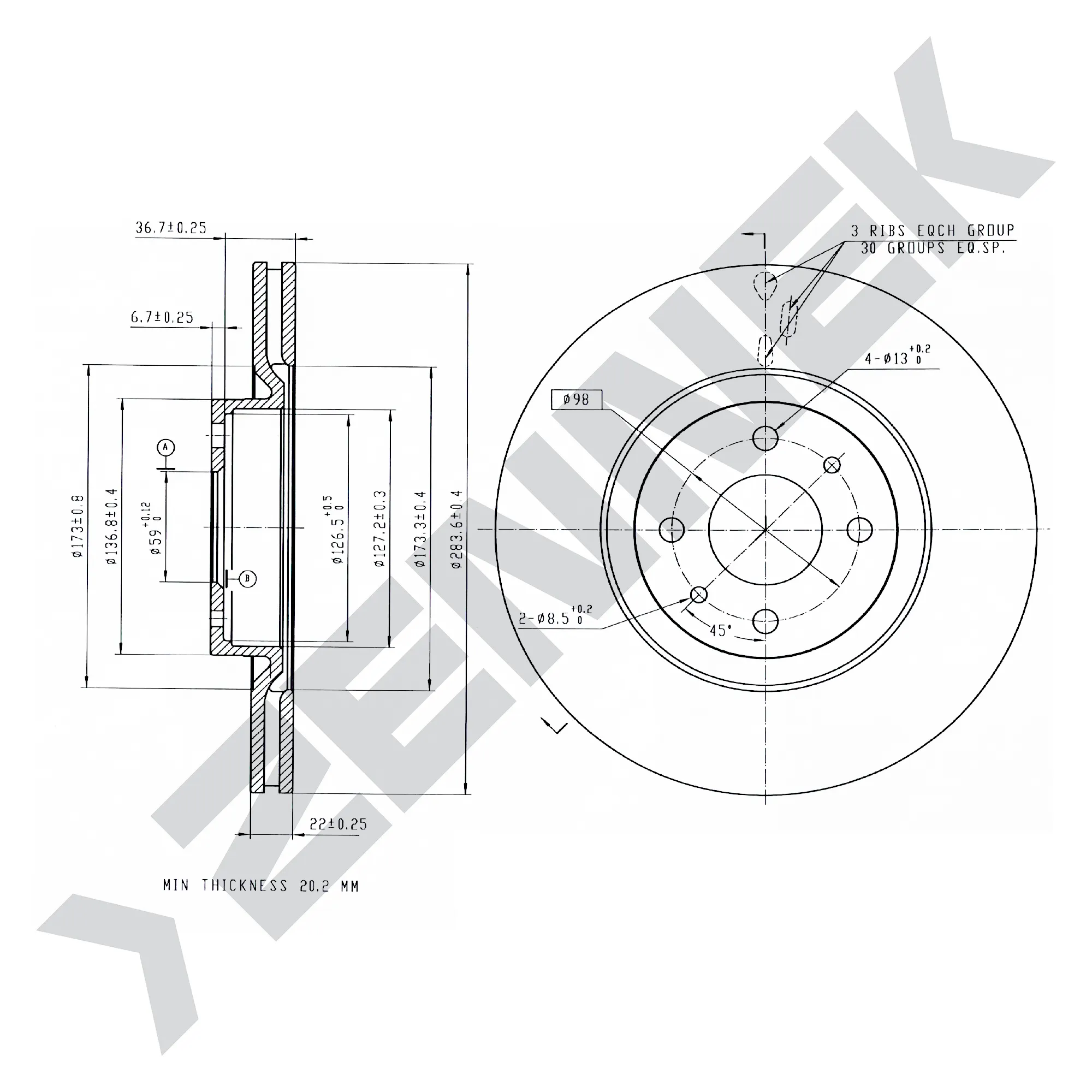 Диск тормозной передний FIAT BRAVO II 06-16, DOBLO 01-(2 шт) ZENNEK DBD0140