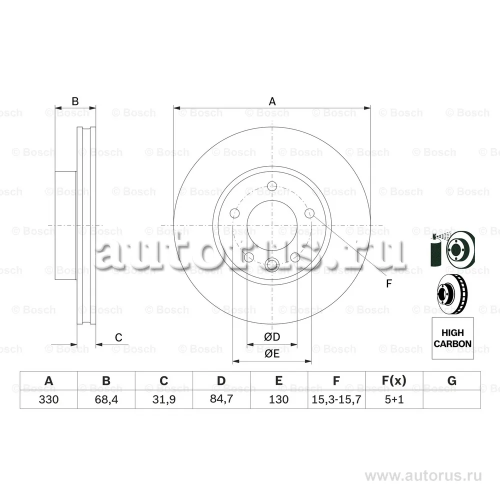 Диск тормозной передний R BOSCH 0 986 479 250