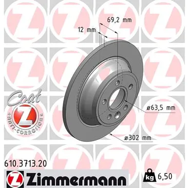 Диск тормозной задний невентилируемый VOLVO S80 V70 XC70 07- 302X12 ZIMMERMANN 610371320