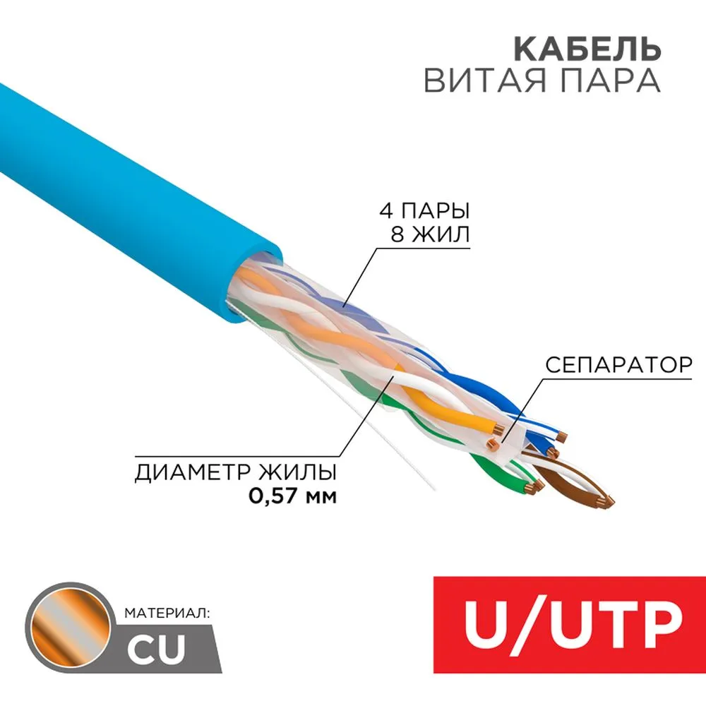 Кабель витая пара U/UTP, категория 6, PVC, 23AWG, внутренний, синий, 305 м REXANT 01-0047