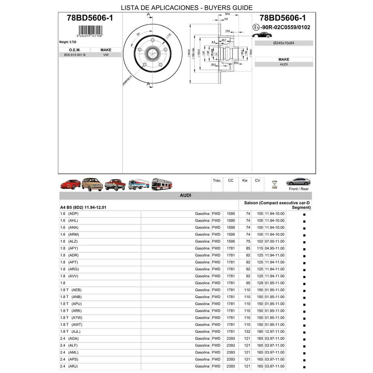 Диск тормозной задний AUDI A4(B5) 95-01 /D=245MM ICER 78BD5606-1
