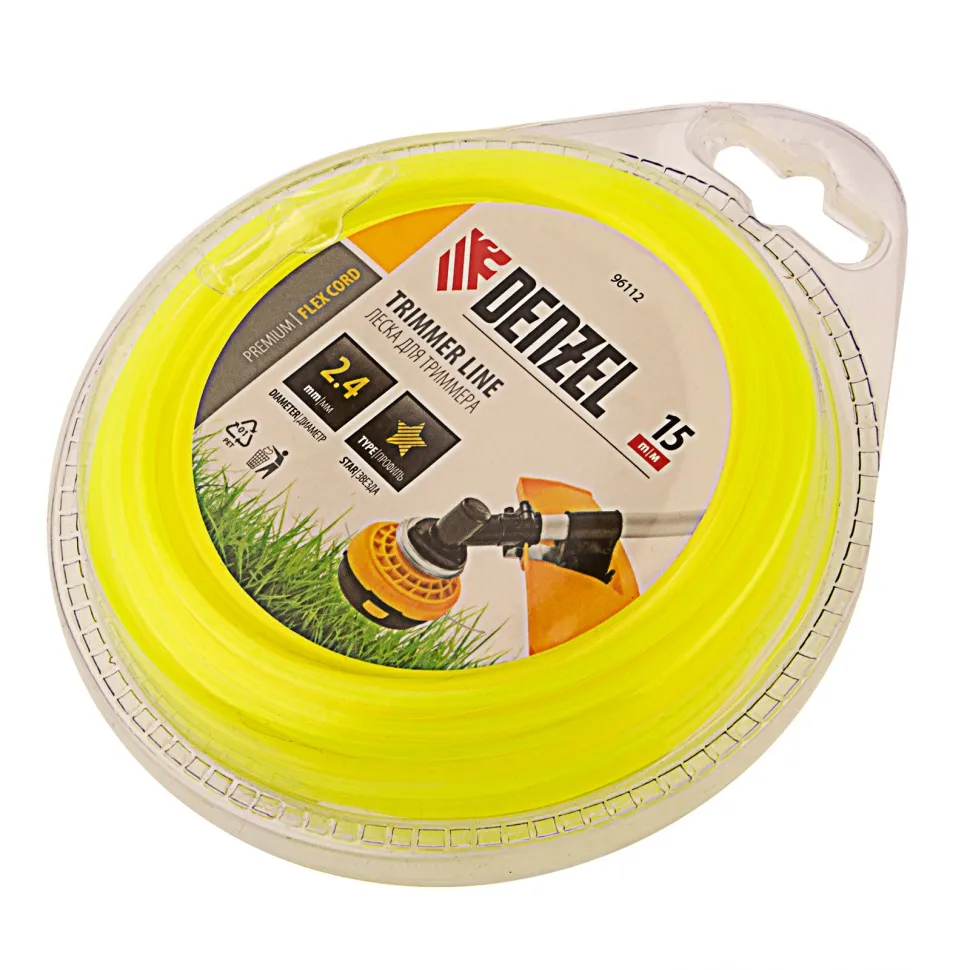 Леска для триммера, звезда 2,4 мм x15 м, блистер Flexcord Denzel 96112