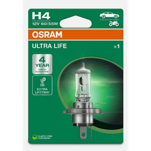 Автомобильная галогенная лампа OSRAM H4 12V 60/55W 1650/1000lm P43t 3200К ULTRA LIFE 64193ULT-1BL