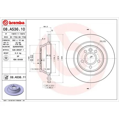 Диск тормозной задний 302MM окрашенный BREMBO 08.A536.11