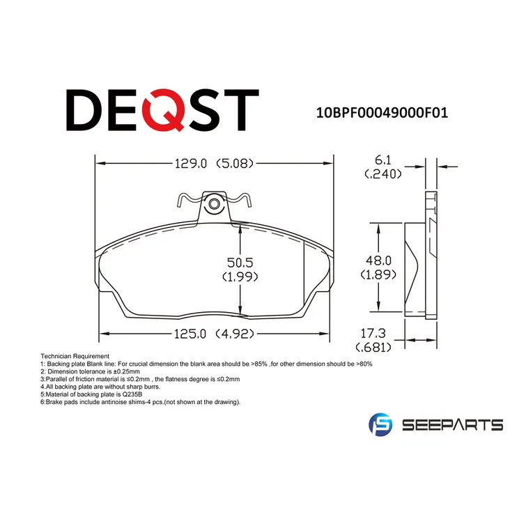 Колодки тормозные, передние, TOYOTA COROLLA/PRIUS/YARIS 1.0-1.6 99, DEQST 10BPF00049000