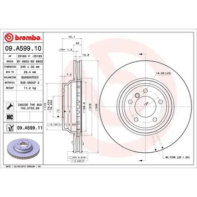Диск тормозной передний вент.[348X30] 5 отверстий [MIN 2] BREMBO 09.A599.11