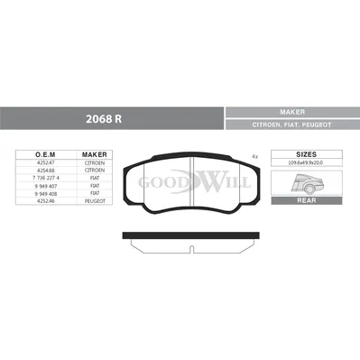 Колодки тормозные дисковые задние, комплект FIAT Ducato GOODWILL 2068 R