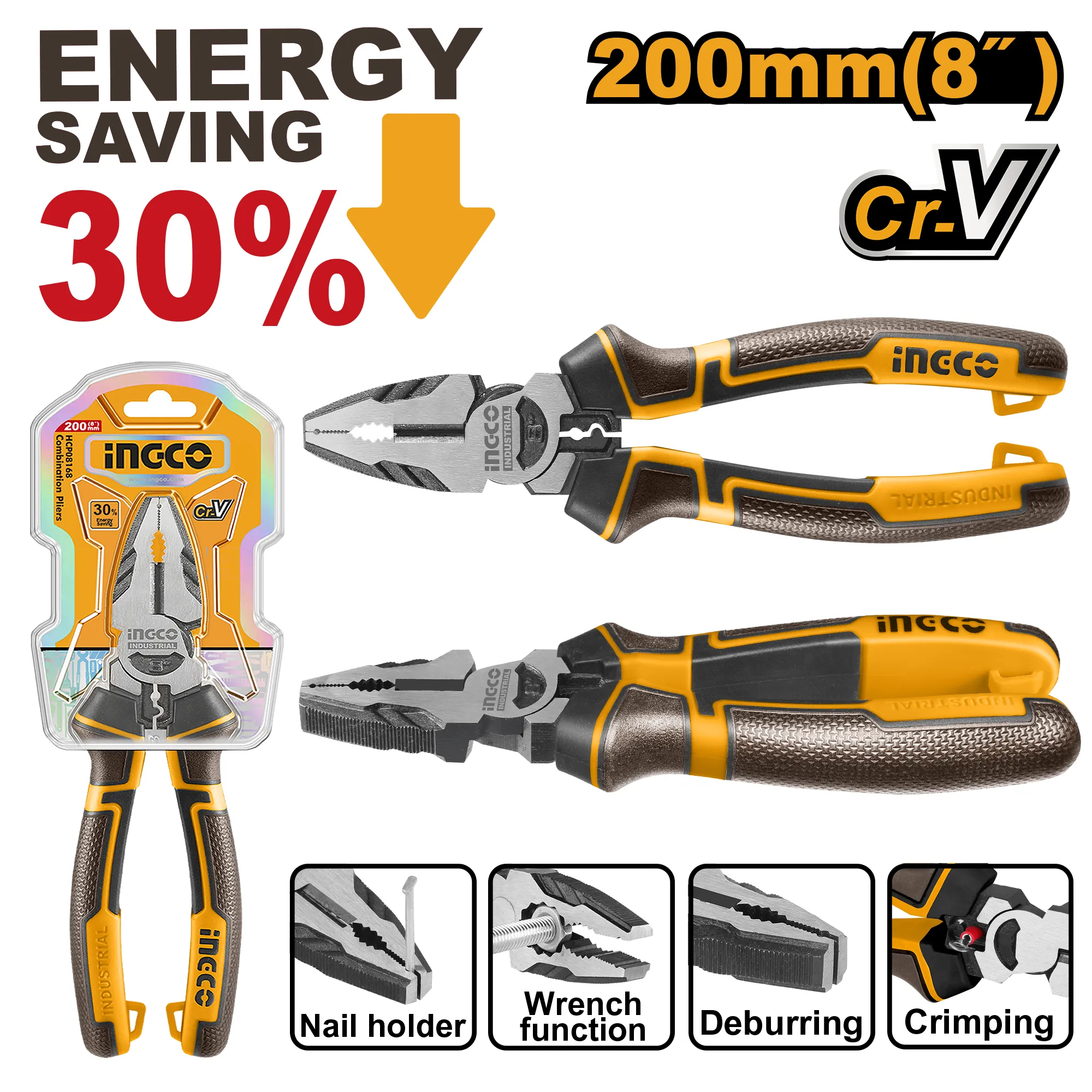 Плоскогубцы комбинированные 200 мм (6/36) INDUSTRIAL INGCO HHCP28200