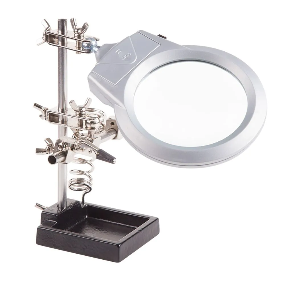 Держатель «Третья рука» REXANT, 2 зажима, чугун, лупа 90 мм, подставка паяльника, LED подсветка REXANT 120253