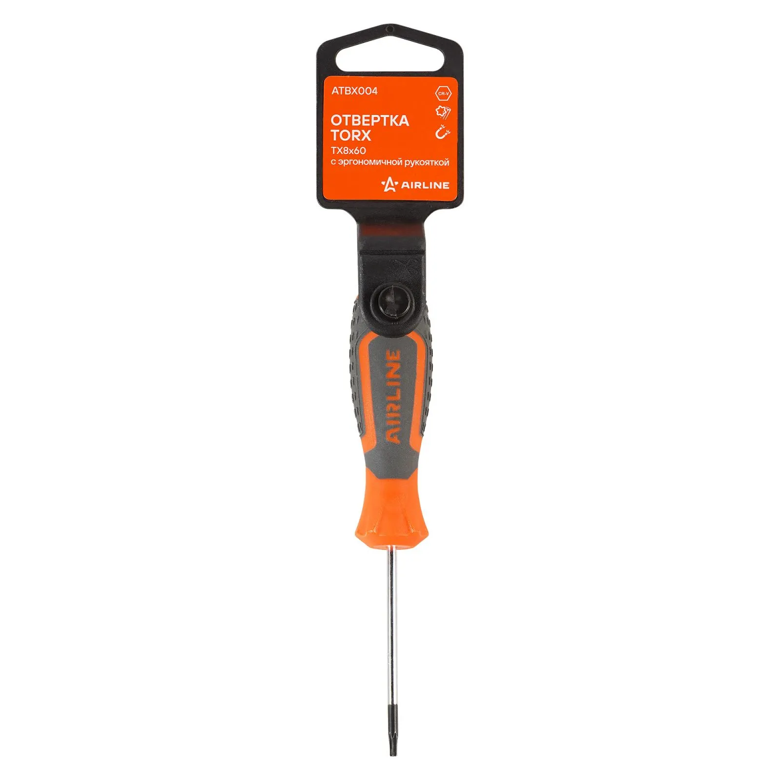 Отвертка TORX TX8x60 с эргономичной рукояткой магнитная, пласт.подвес AIRLINE ATBX004
