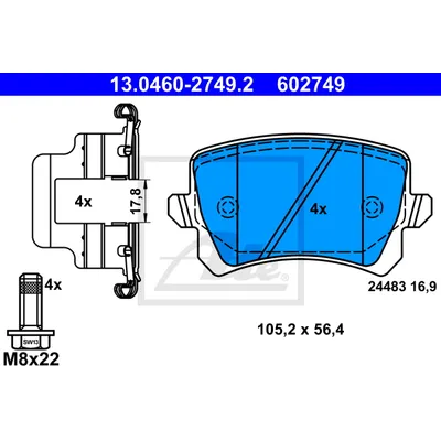 Колодки задние AD A3 A6 VW G4 G5 B5 B6 Tiguan ATE 13.0460-2749.2