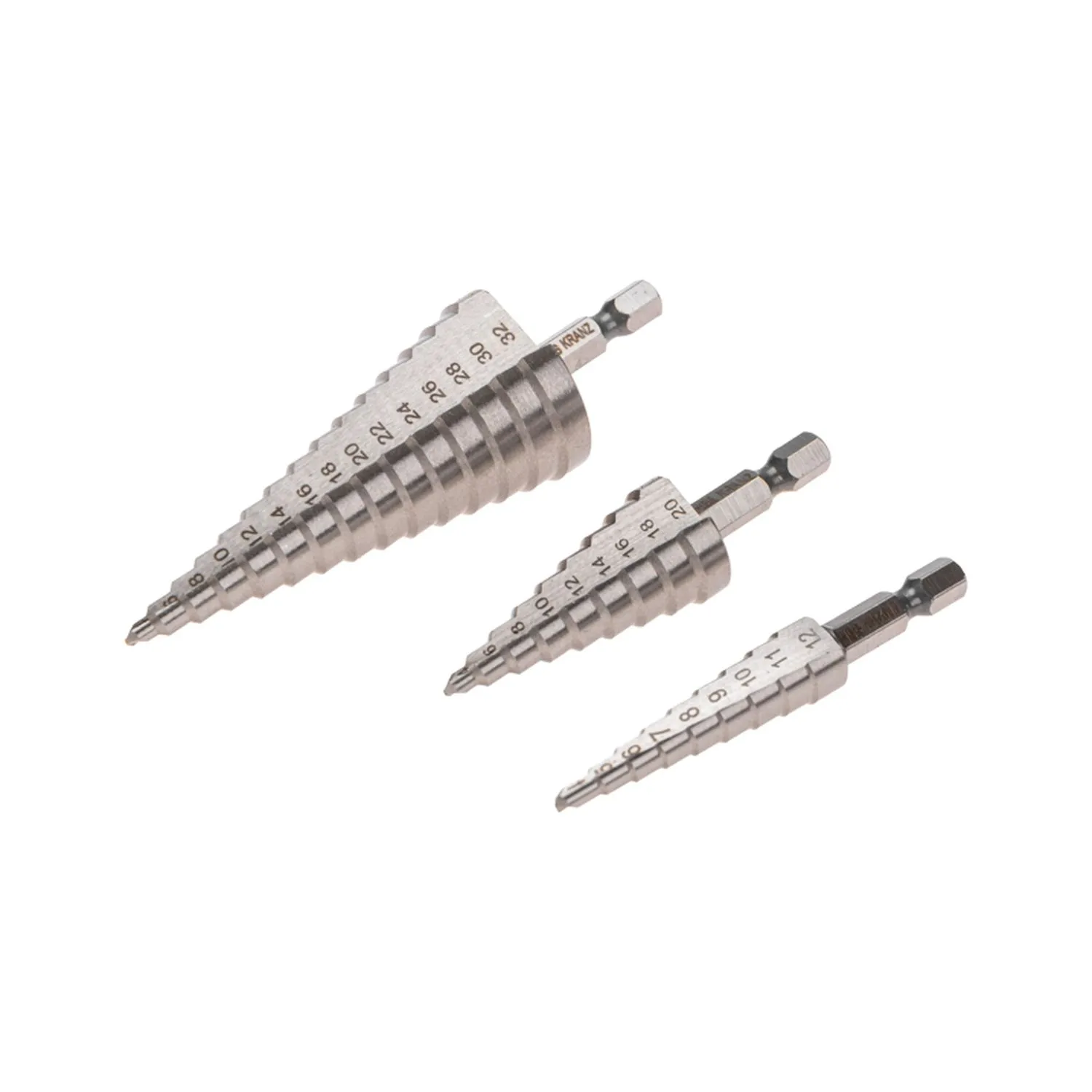 Набор ступенчатых сверл, 4-12,4-20,4-32мм, HSS-TiN, ТИТАН, 3 шт. Kranz KR-12-6620