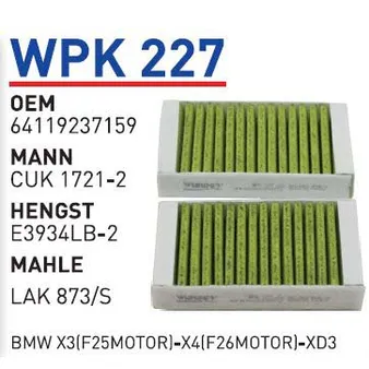 Фильтр салонный (угольный) (компл.2шт.) BMW X3(F25) WUNDER FILTER WPK227
