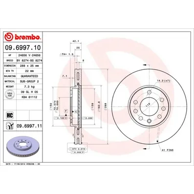 Диск тормозной задний BREMBO 09.6997.10