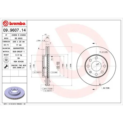 Диск тормозной передний 236MM вентилируемый BREMBO 09960714