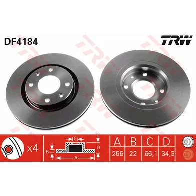 Диск тормозной передний CITROEN BERL/C2/C3/C4/C5/XSARA/PEUG 206/307/1007 TRW DF4184